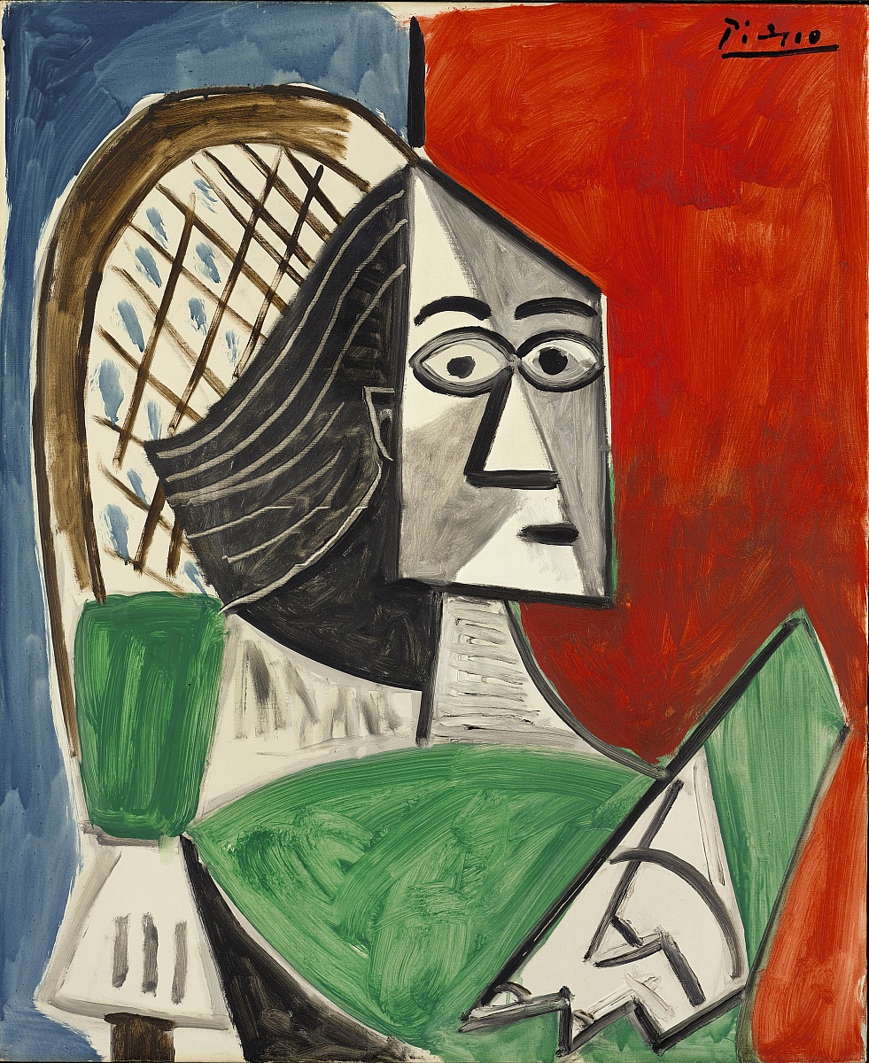 Pablo Picasso - Femme Assise sur Fond Bleu-Rouge